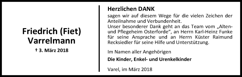  Traueranzeige für Friedrich Varrelmann vom 31.03.2018 aus Nordwest-Zeitung
