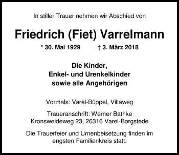 Traueranzeige von Friedrich Varrelmann von Nordwest-Zeitung