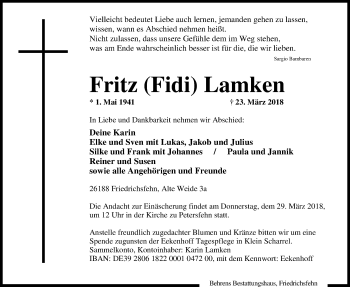 Traueranzeige von Fritz Lamken von Nordwest-Zeitung