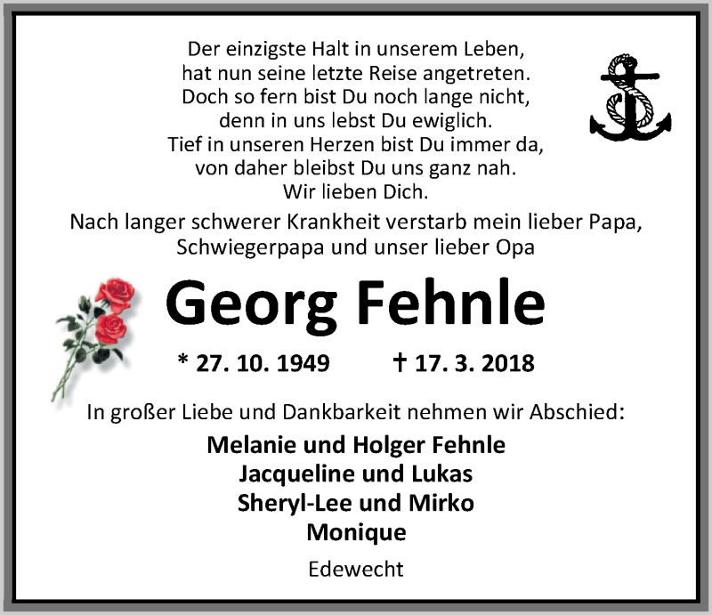  Traueranzeige für Georg Fehnle vom 20.03.2018 aus Nordwest-Zeitung