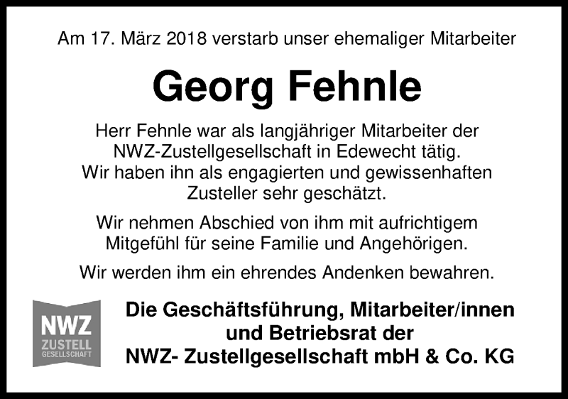  Traueranzeige für Georg Fehnle vom 20.03.2018 aus Nordwest-Zeitung