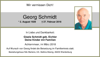 Traueranzeige von Georg Schmidt von Nordwest-Zeitung