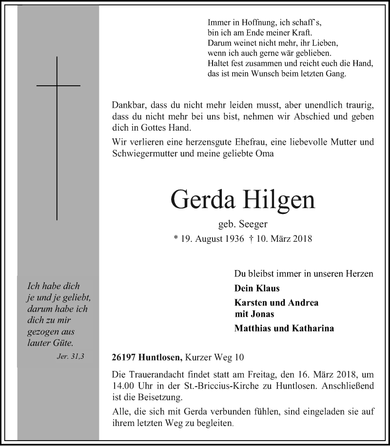  Traueranzeige für Gerda Hilgen vom 13.03.2018 aus Nordwest-Zeitung