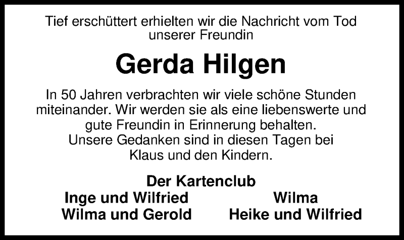  Traueranzeige für Gerda Hilgen vom 15.03.2018 aus Nordwest-Zeitung