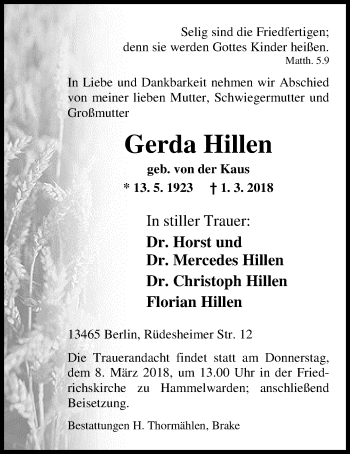 Traueranzeige von Gerda Hillen von Nordwest-Zeitung
