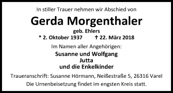 Traueranzeige von Gerda Morgenthaler von Nordwest-Zeitung
