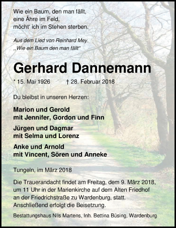 Traueranzeige von Gerhard Dannemann von Nordwest-Zeitung