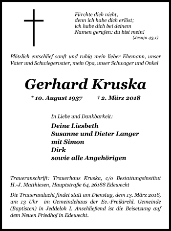 Traueranzeige von Gerhard Kruska von Nordwest-Zeitung