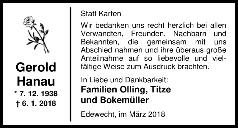  Traueranzeige für Gerold Hanau vom 06.03.2018 aus Nordwest-Zeitung