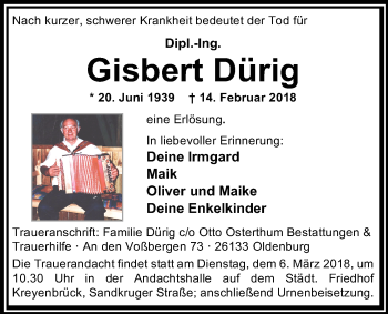 Traueranzeige von Gisbert Dürig von Nordwest-Zeitung