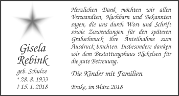 Traueranzeige von Gisela Rebink von Nordwest-Zeitung