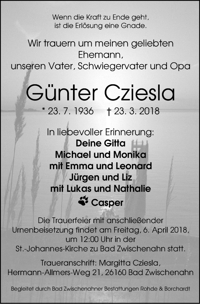  Traueranzeige für Günter Cziesla vom 29.03.2018 aus Nordwest-Zeitung