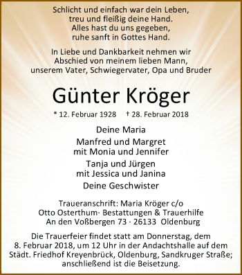 Traueranzeige von Günter Kröger von Nordwest-Zeitung