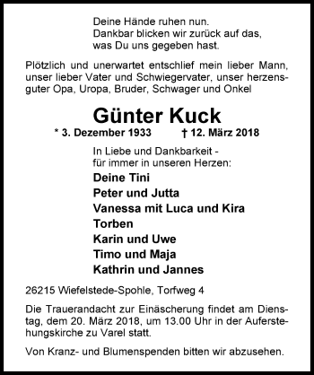 Traueranzeige von Günter Kuck von Nordwest-Zeitung