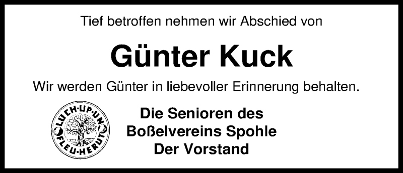  Traueranzeige für Günter Kuck vom 17.03.2018 aus Nordwest-Zeitung