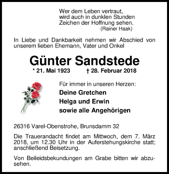 Traueranzeige von Günter Sandstede von Nordwest-Zeitung