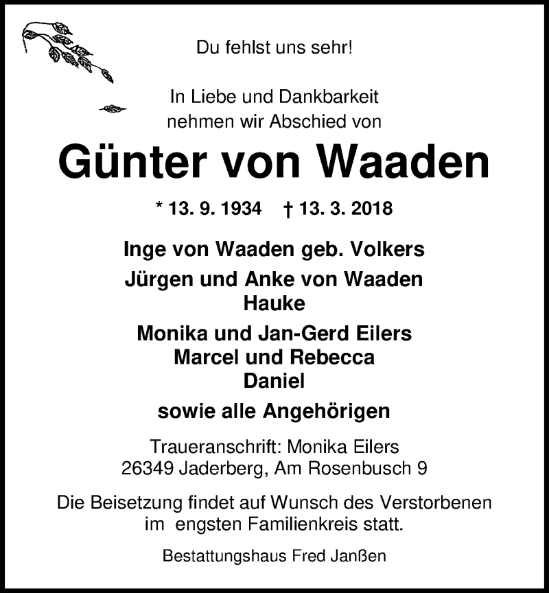  Traueranzeige für Günter von Waaden vom 16.03.2018 aus Nordwest-Zeitung