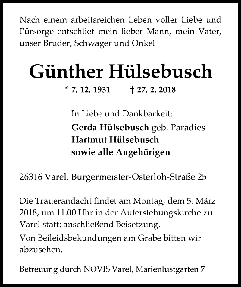  Traueranzeige für Günther Hülsebusch vom 02.03.2018 aus Nordwest-Zeitung