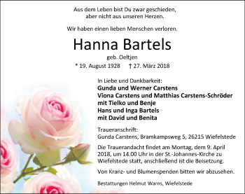 Traueranzeige von Hanna Bartels von Nordwest-Zeitung