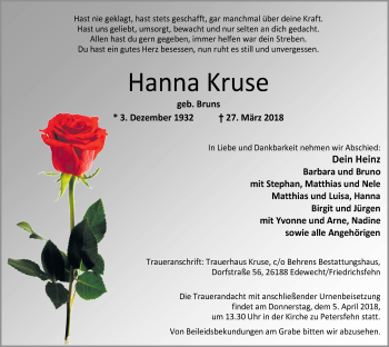 Traueranzeige von Hanna Kruse von Nordwest-Zeitung