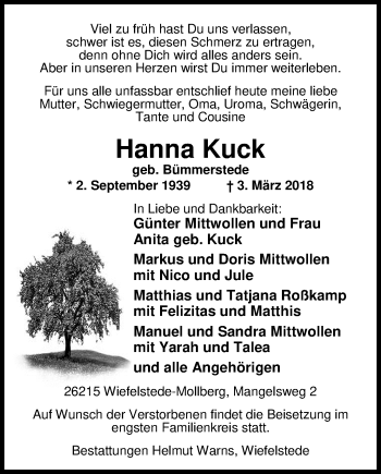 Traueranzeige von Hanna Kuck von Nordwest-Zeitung
