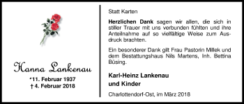 Traueranzeige von Hanna Lankenau von Nordwest-Zeitung