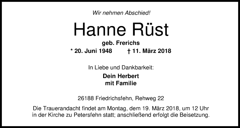  Traueranzeige für Hanne Rüst vom 14.03.2018 aus Nordwest-Zeitung