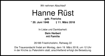 Traueranzeige von Hanne Rüst von Nordwest-Zeitung