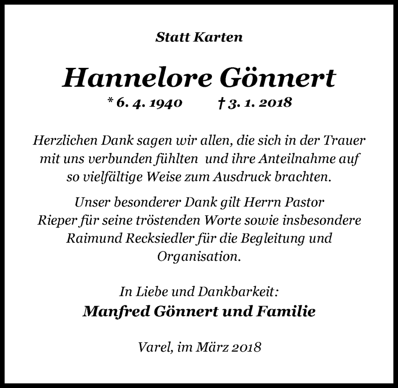  Traueranzeige für Hannelore Gönnert vom 10.03.2018 aus Nordwest-Zeitung