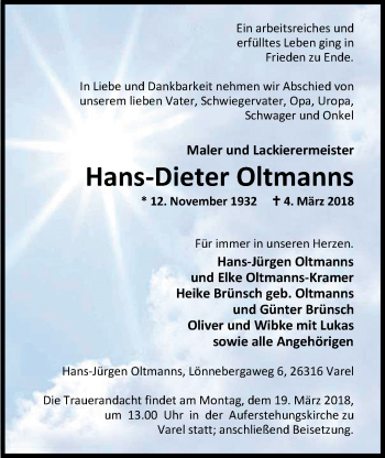 Traueranzeige von Hans-Dieter Oltmanns von Nordwest-Zeitung
