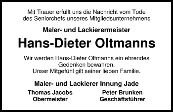 Traueranzeige von Hans-Dieter Oltmanns von Nordwest-Zeitung
