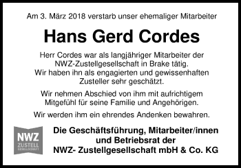 Traueranzeige von Hans Gerd Cordes von Nordwest-Zeitung