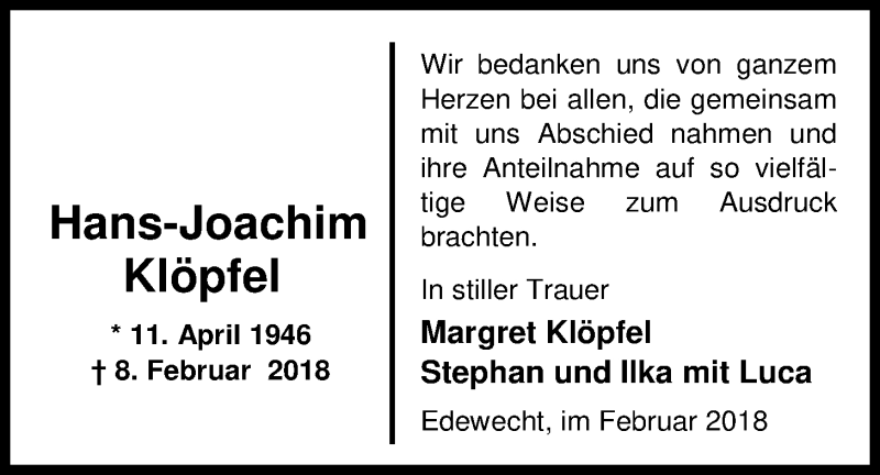  Traueranzeige für Hans-Joachim Klöpfel vom 17.03.2018 aus Nordwest-Zeitung