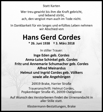 Traueranzeige von Hans Gerd Cordes von Nordwest-Zeitung