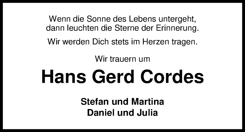  Traueranzeige für Hans Gerd Cordes vom 08.03.2018 aus Nordwest-Zeitung