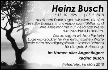 Traueranzeige von Heinz Busch von Nordwest-Zeitung