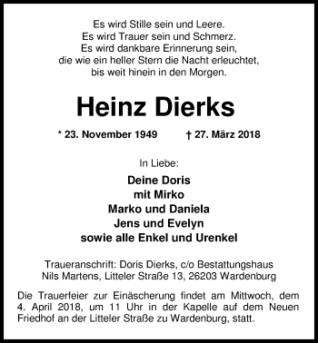 Traueranzeige von Heinz Dierks von Nordwest-Zeitung