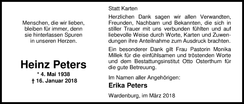  Traueranzeige für Heinz Peters vom 10.03.2018 aus Nordwest-Zeitung