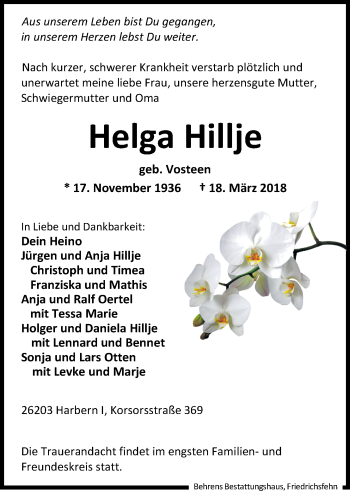 Traueranzeige von Helga Hillje von Nordwest-Zeitung