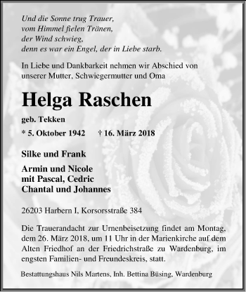 Traueranzeige von Helga Raschen von Nordwest-Zeitung