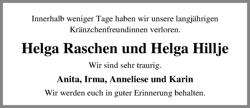  Traueranzeige für Helga Raschen vom 21.03.2018 aus Nordwest-Zeitung