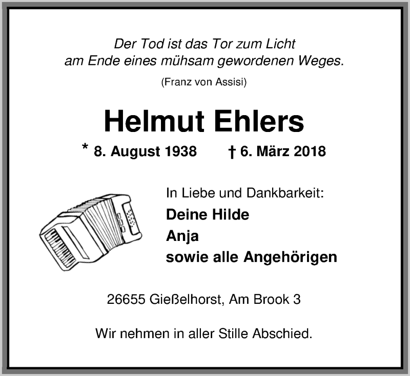  Traueranzeige für Helmut Ehlers vom 09.03.2018 aus Nordwest-Zeitung