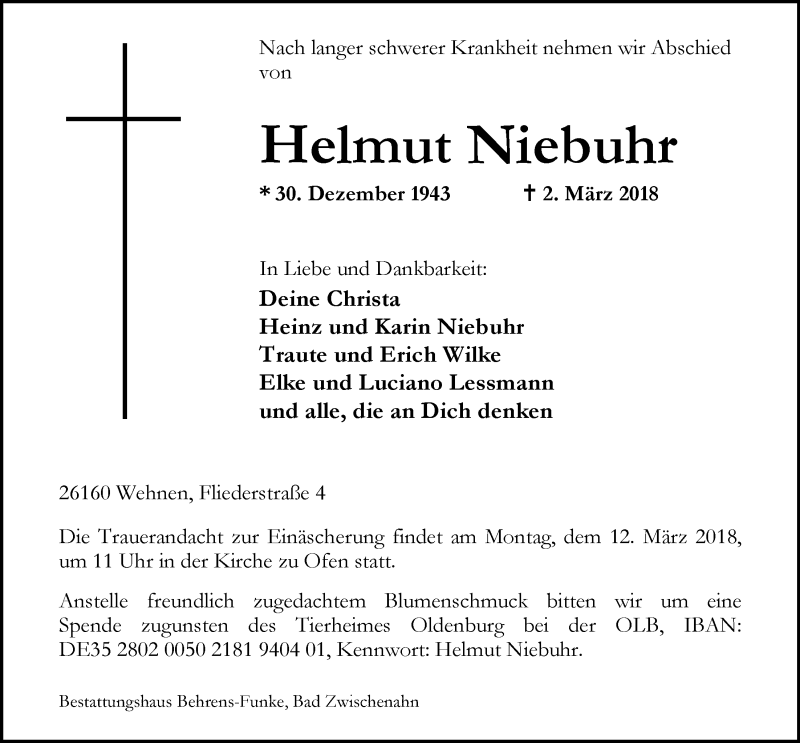  Traueranzeige für Helmut Niebuhr vom 08.03.2018 aus Nordwest-Zeitung