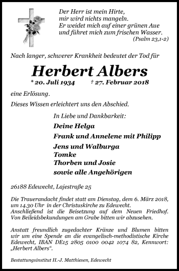 Traueranzeige von Herbert Albers von Nordwest-Zeitung