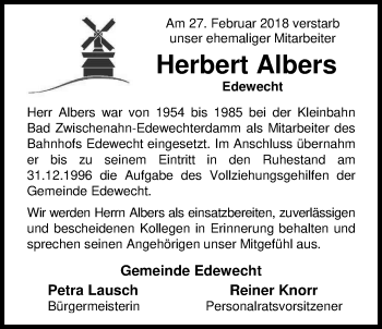 Traueranzeige von Herbert Albers von Nordwest-Zeitung