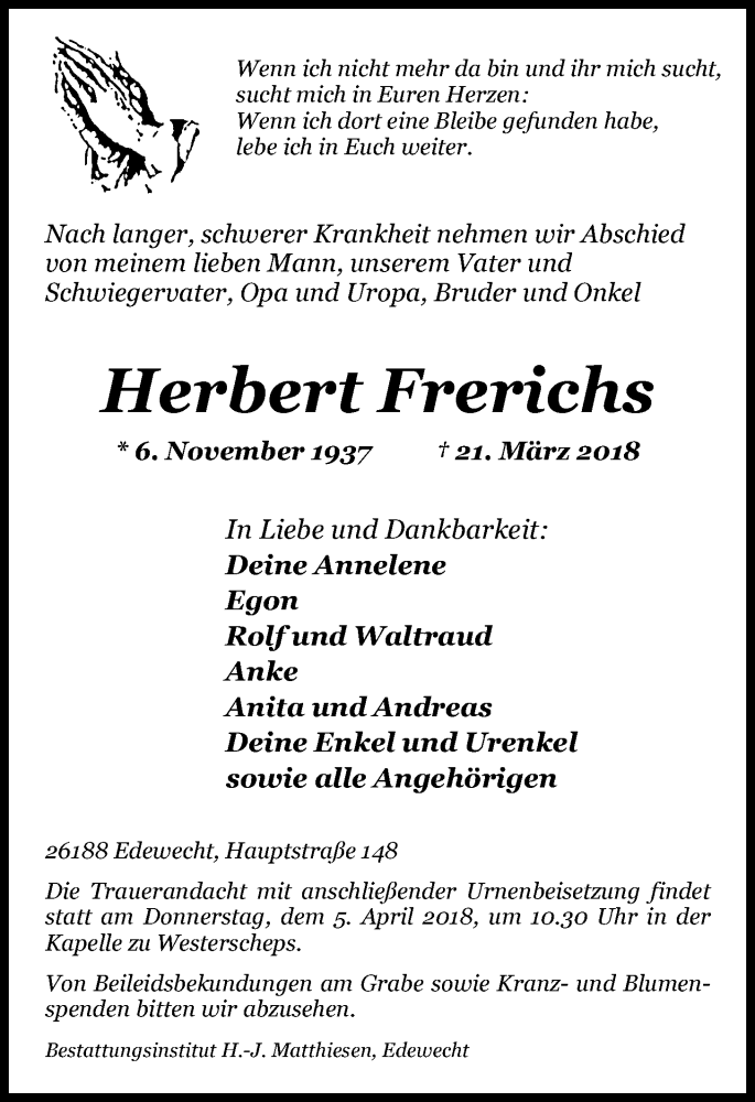  Traueranzeige für Herbert Frerichs vom 27.03.2018 aus Nordwest-Zeitung