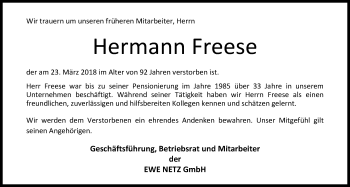 Traueranzeige von Hermann Freese von Nordwest-Zeitung