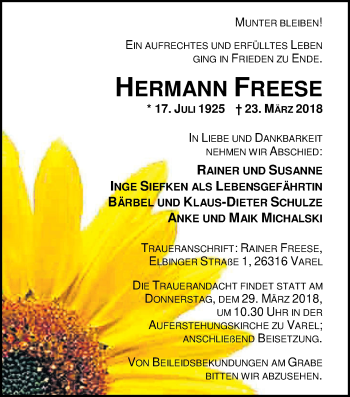 Traueranzeige von Hermann Freese von Nordwest-Zeitung