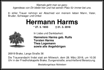 Traueranzeige von Hermann Harms von Nordwest-Zeitung