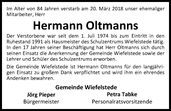 Traueranzeige von Hermann Oltmanns von Nordwest-Zeitung